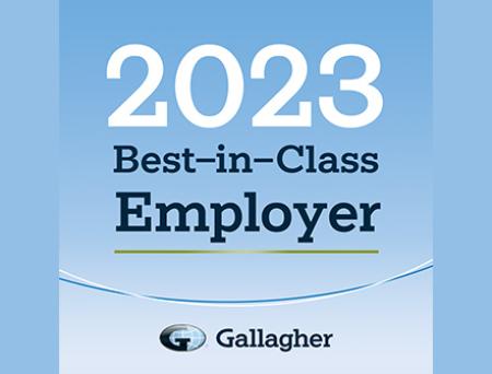 2023 Best In Class Employer logo for Gallagher over a light blue background.