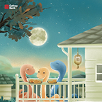 Three animated snakes eat moon cakes over a patio while admiring the harvest moon in the night sky.