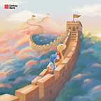 Two animated snakes climb the Great Wall of China with matching backpacks surrounded by pink and blue cotton candy color clouds.