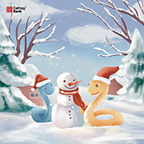 Two animated snakes wear red holiday hats while they build a snowman which carries a red Cathay Bank scarf on its neck. The background is surrounded by pine trees, dormant trees, and lots of snow.