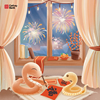 Two animated snakes smile while they sit over a rug writing the Chinese character "Fu" on red couplet celebrating the new lunar year, with various fireworks going off outside their window.