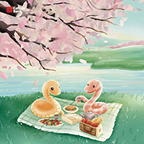 Two animated snakes sit on a blanket by the lake with an assortment of snacks for their Spring picnic – the cherry blossom petals float amongst them as a vibrant cherry blossom tree provides them with shade.