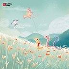 Three animated snakes fly kites on the hillside filled with grass, flowers, and a mountainous background.