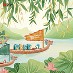 A group of animated snakes paddle together as a team inside a dragon boat which displays a flag with the Cathay Bank logo, over a lake. Lotus flowers and mountain ridges fill up the landscape.