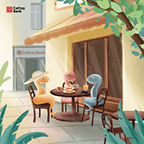 Three animated snakes are sitting for afternoon tea outside of a tea shop where a Cathay Bank branch is displayed in the background.