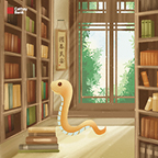 An animated snake is in search of books at a library. The window displays a beautiful lush landscape outside.