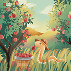 An animated snake wearing a straw hat picks fruits off a tree in the countryside. The basket is full of fruit and is surrounded by long grass.