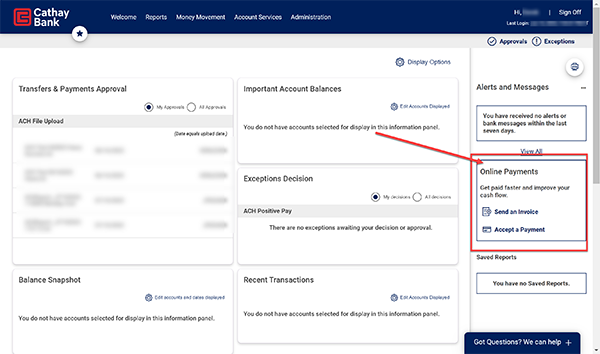 A web sample of Cathay Bank’s online banking system with a red arrow and red square focusing on Online Payments and Autobooks service.