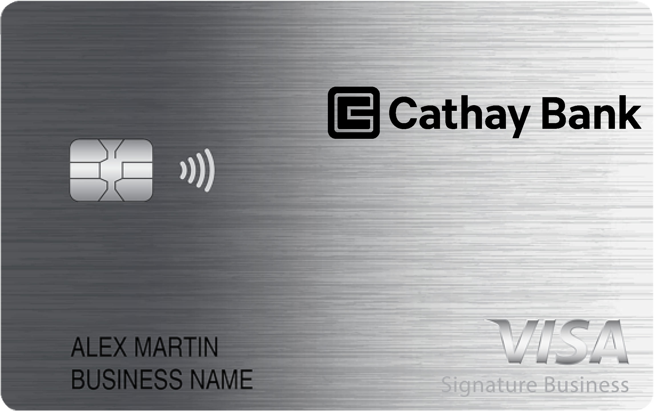 A metallic silver Cathay Bank Visa Signature Business credit card featuring an embedded chip, contactless payment symbol, and printed cardholder and business